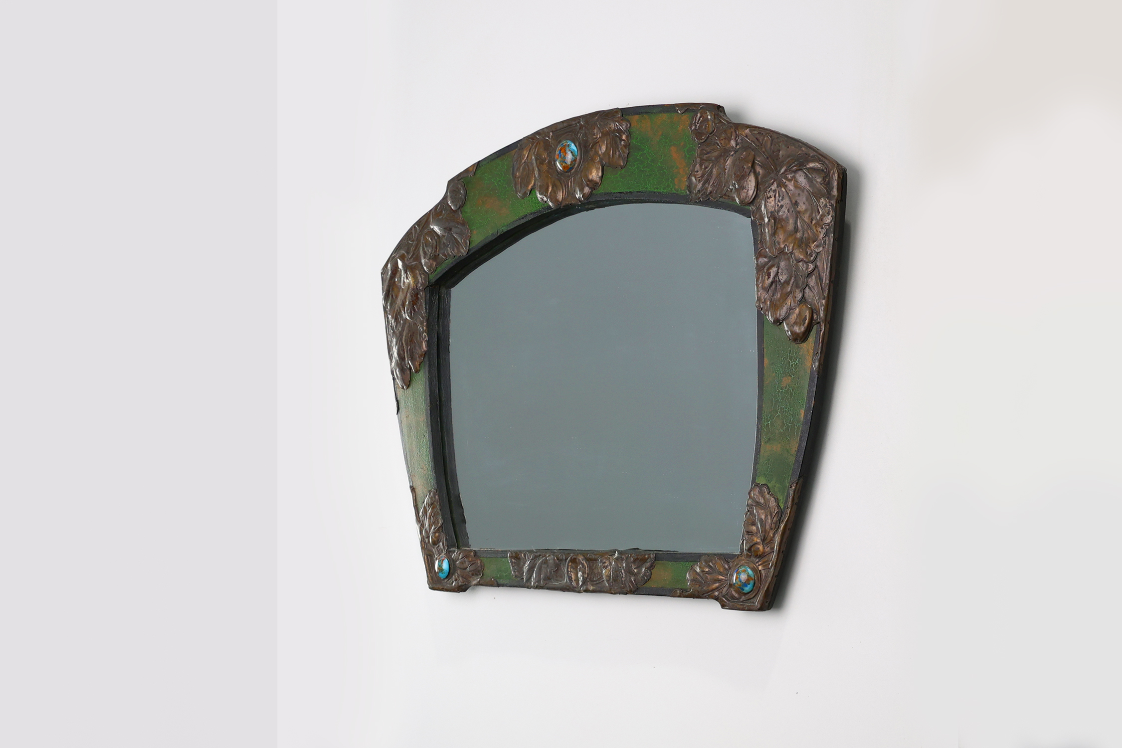 Arts & Crafts Mirror in green metal with glass decoration, France ca. 1905 thumbnail